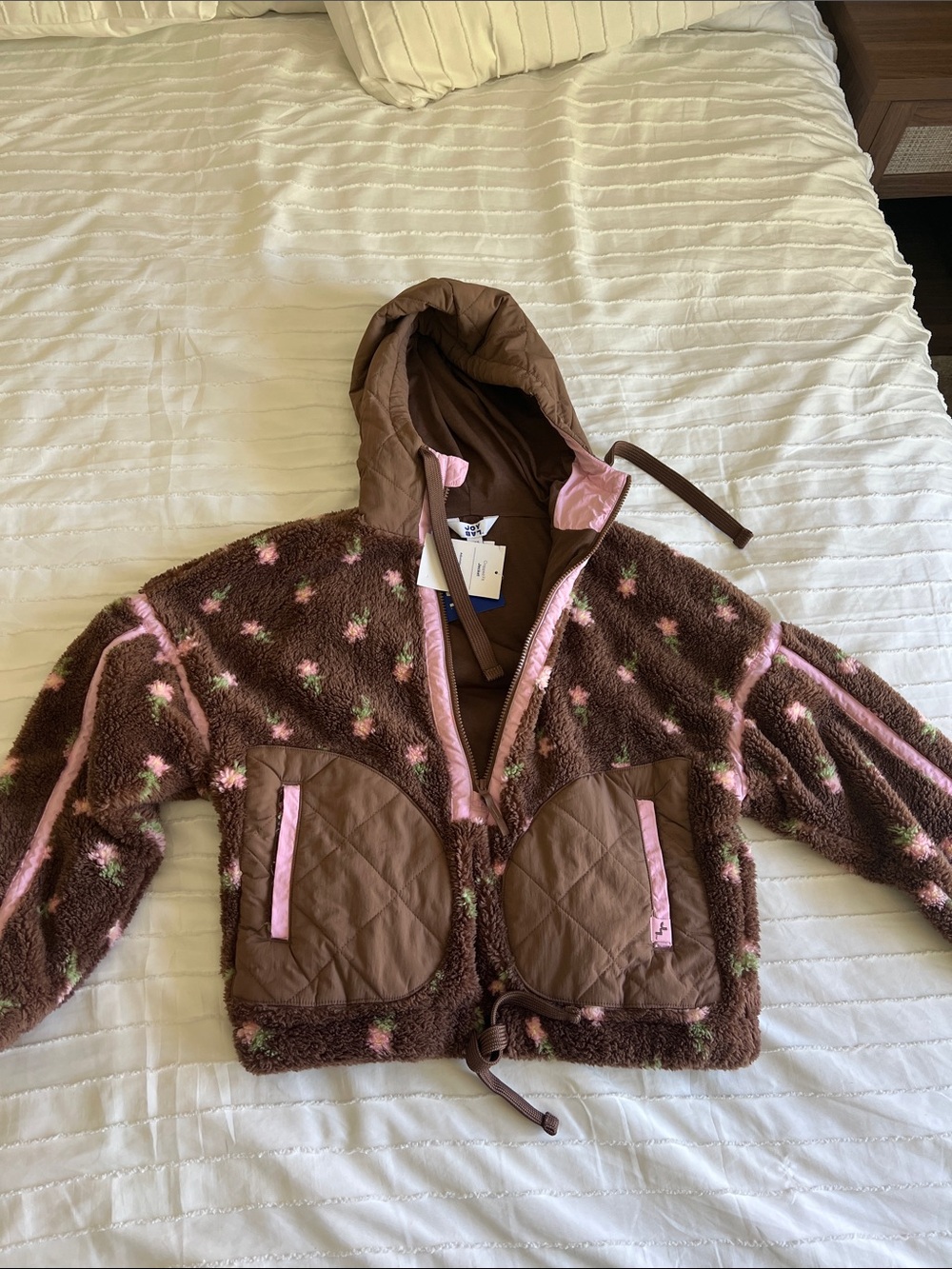 JoyLab NEW cropped fitted boxy Brown & Pink Hooded Fleece Jacket - size xxs